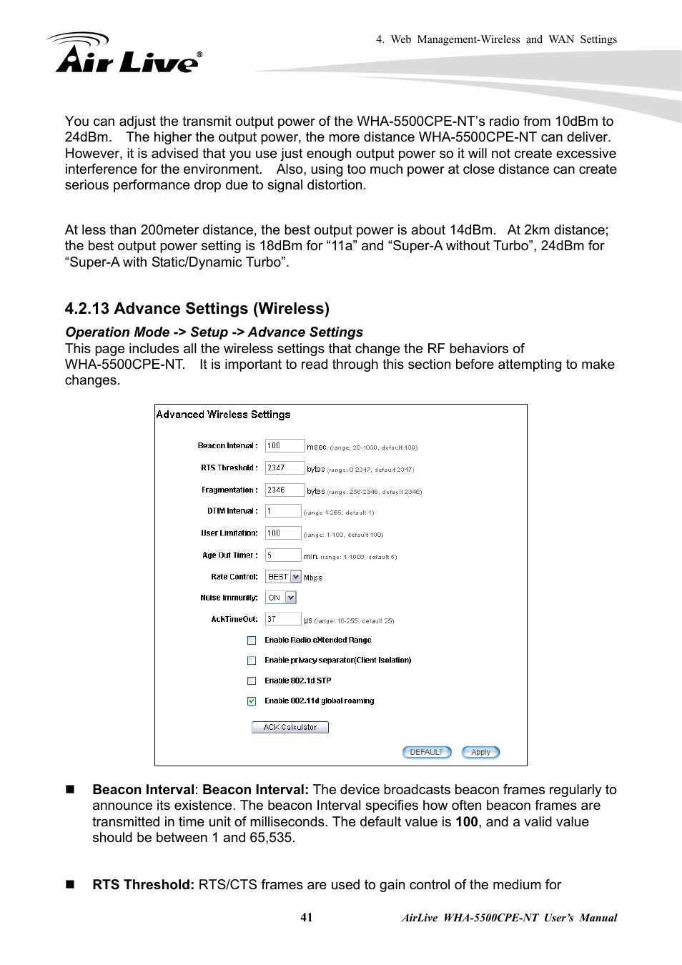 13 advance settings (wireless) | AirLive WHA-5500CPE-NT User Manual | Page 47 / 161