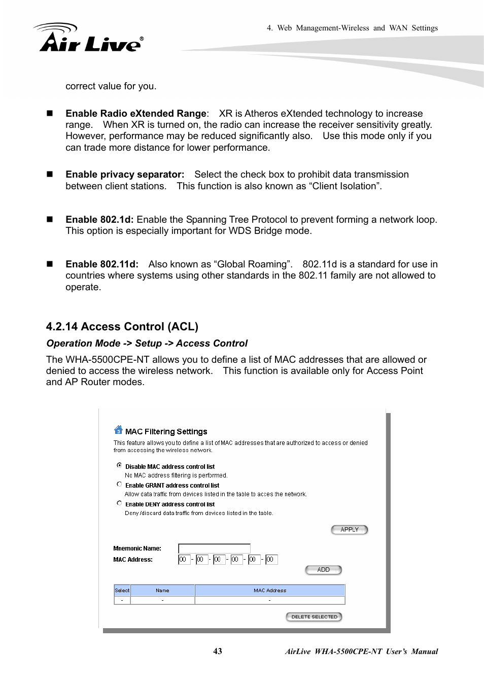 14 access control (acl) | AirLive WHA-5500CPE-NT User Manual | Page 49 / 161