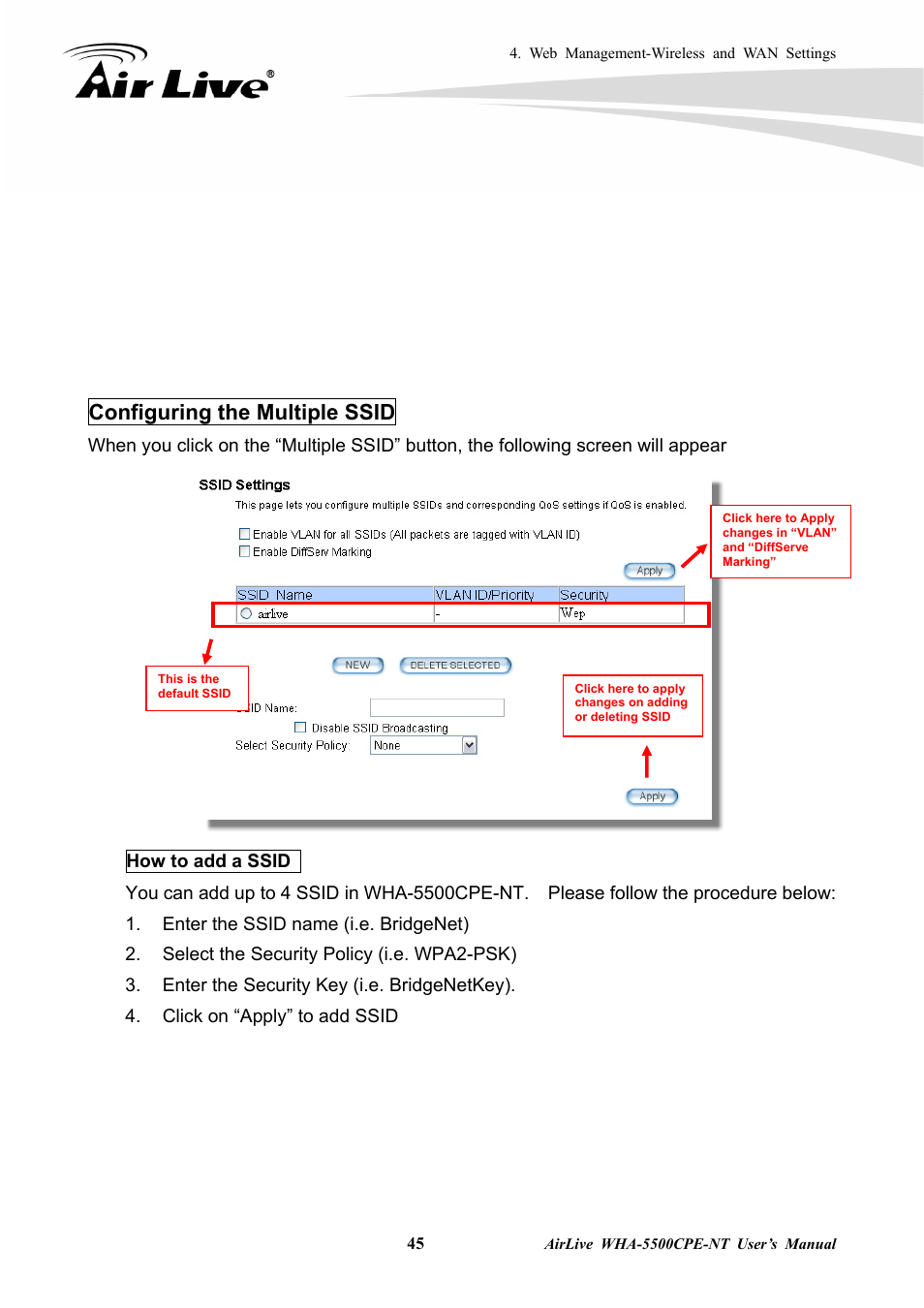 Configuring the multiple ssid | AirLive WHA-5500CPE-NT User Manual | Page 51 / 161