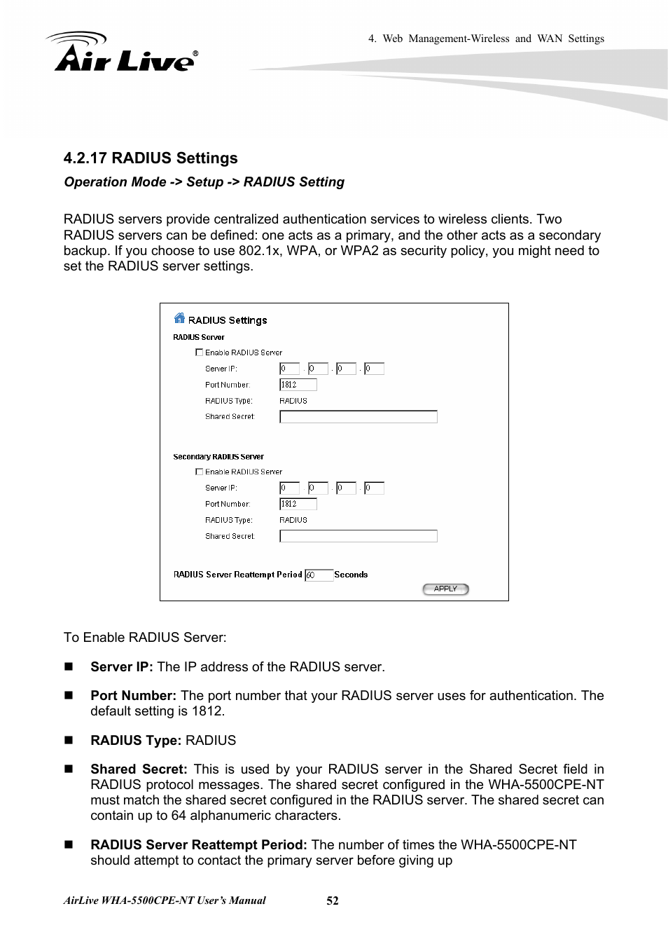 17 radius settings | AirLive WHA-5500CPE-NT User Manual | Page 58 / 161