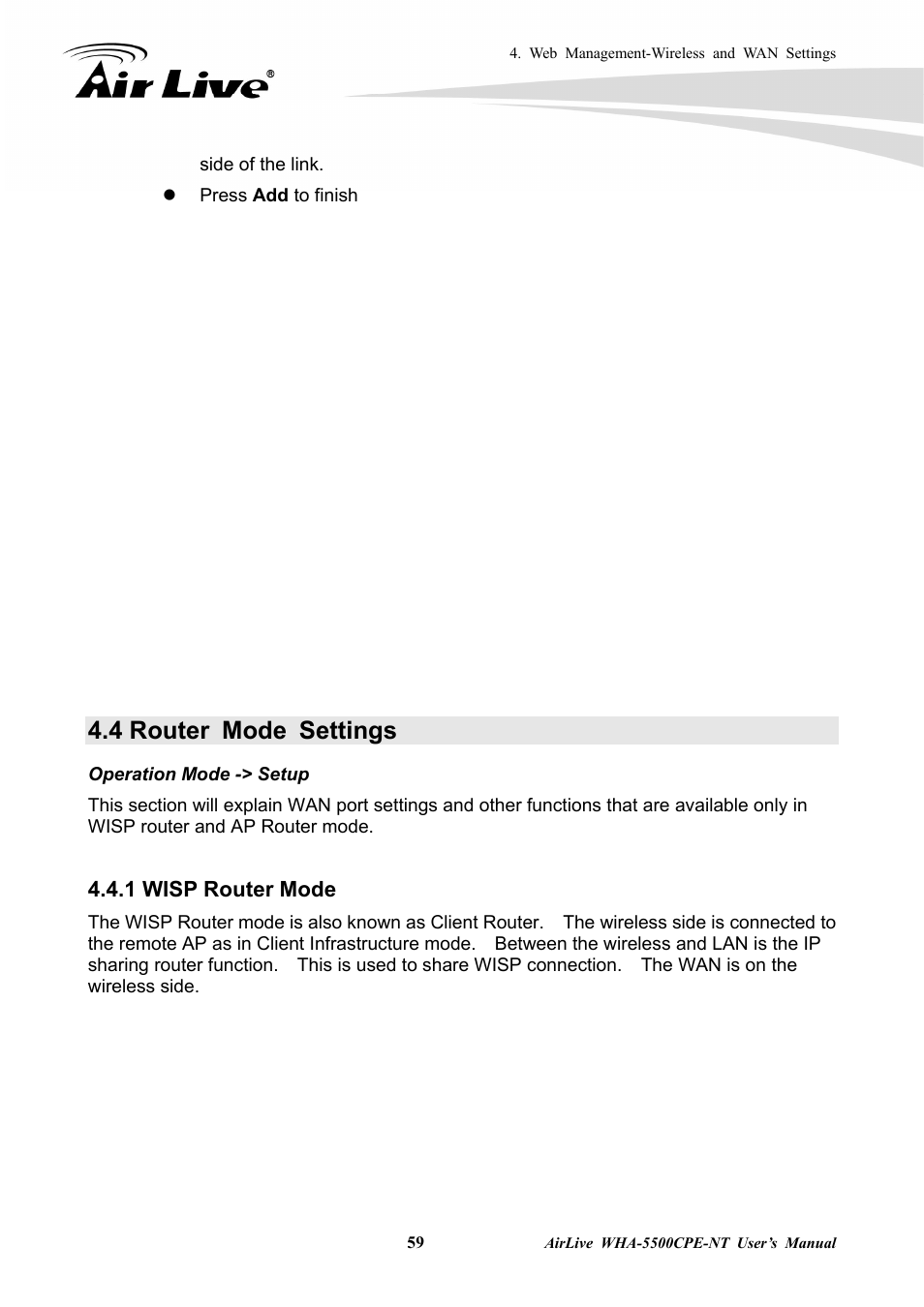 4 router mode settings, 1 wisp router mode | AirLive WHA-5500CPE-NT User Manual | Page 65 / 161