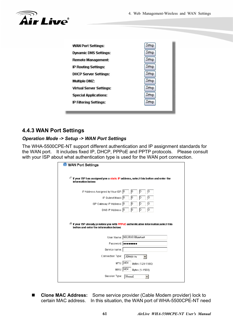 3 wan port settings | AirLive WHA-5500CPE-NT User Manual | Page 67 / 161