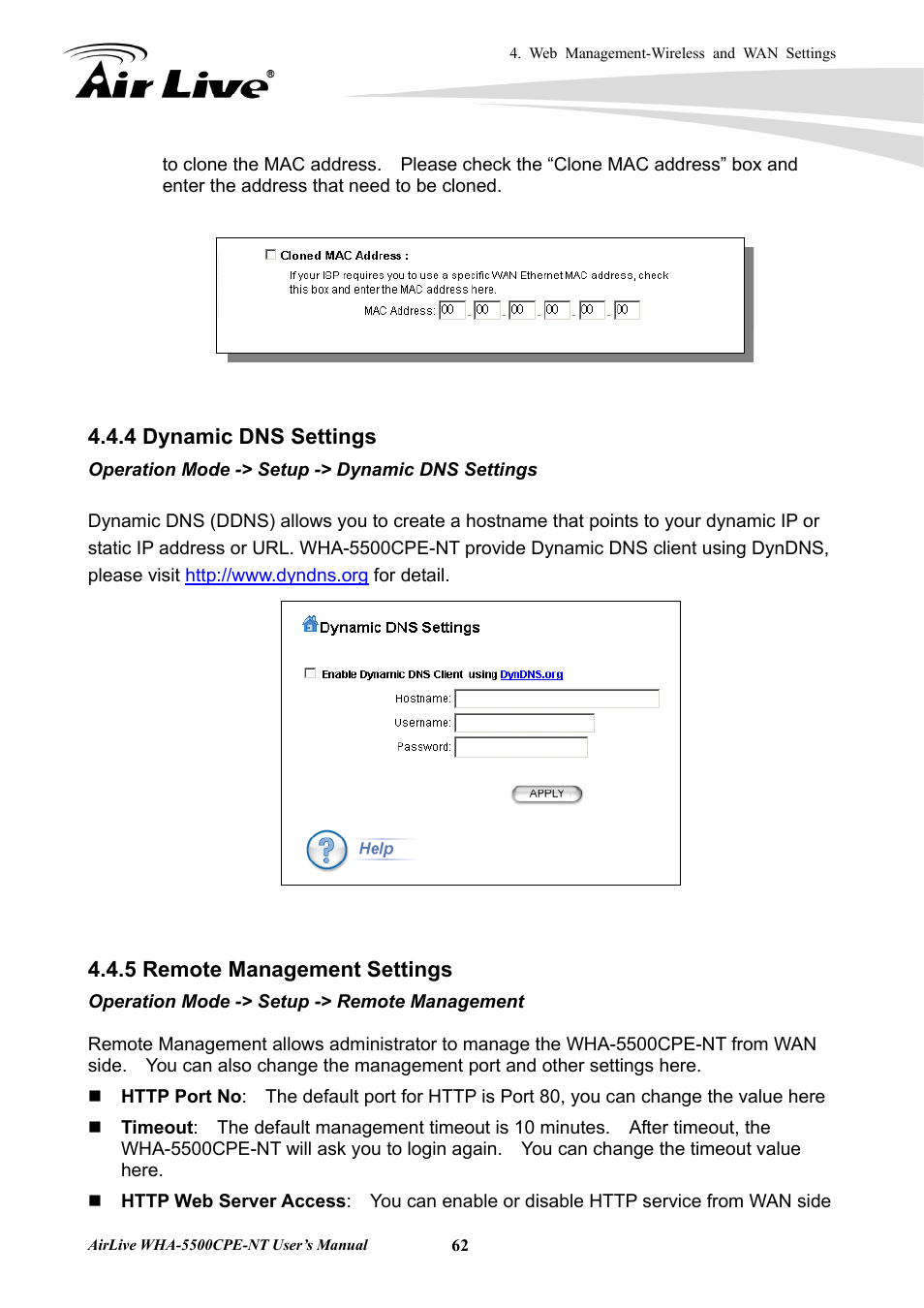 4 dynamic dns settings, 5 remote management settings | AirLive WHA-5500CPE-NT User Manual | Page 68 / 161