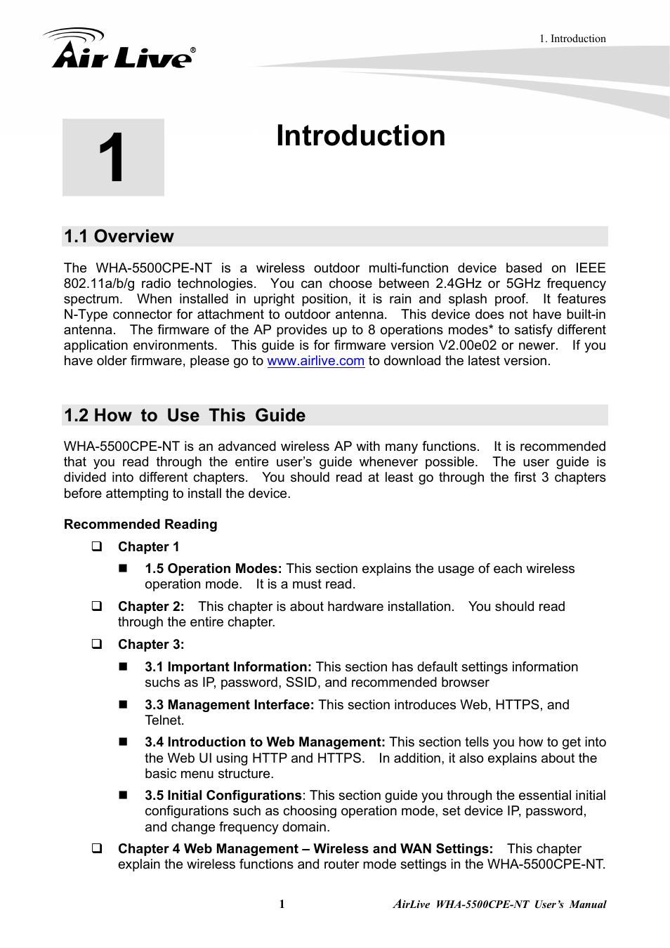 Introduction, 1 overview, 2 how to use this guide | AirLive WHA-5500CPE-NT User Manual | Page 7 / 161