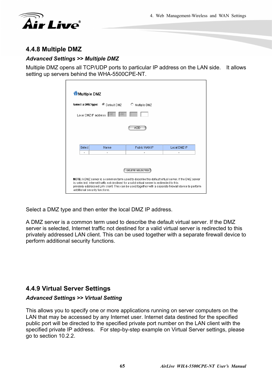 8 multiple dmz 4.4.9 virtual server settings, 8 multiple dmz, 9 virtual server settings | AirLive WHA-5500CPE-NT User Manual | Page 71 / 161