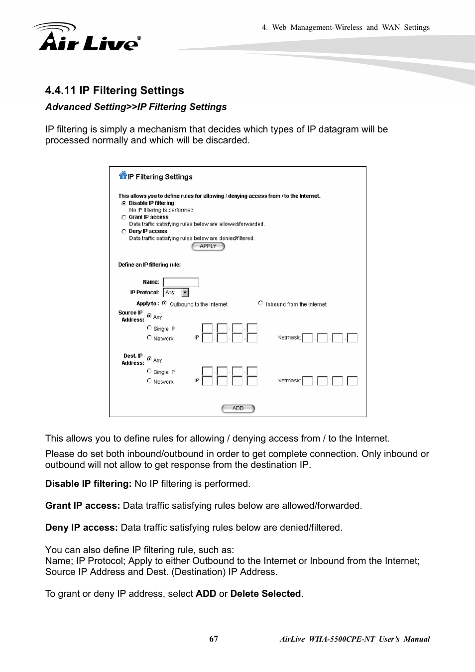 11 ip filtering settings | AirLive WHA-5500CPE-NT User Manual | Page 73 / 161