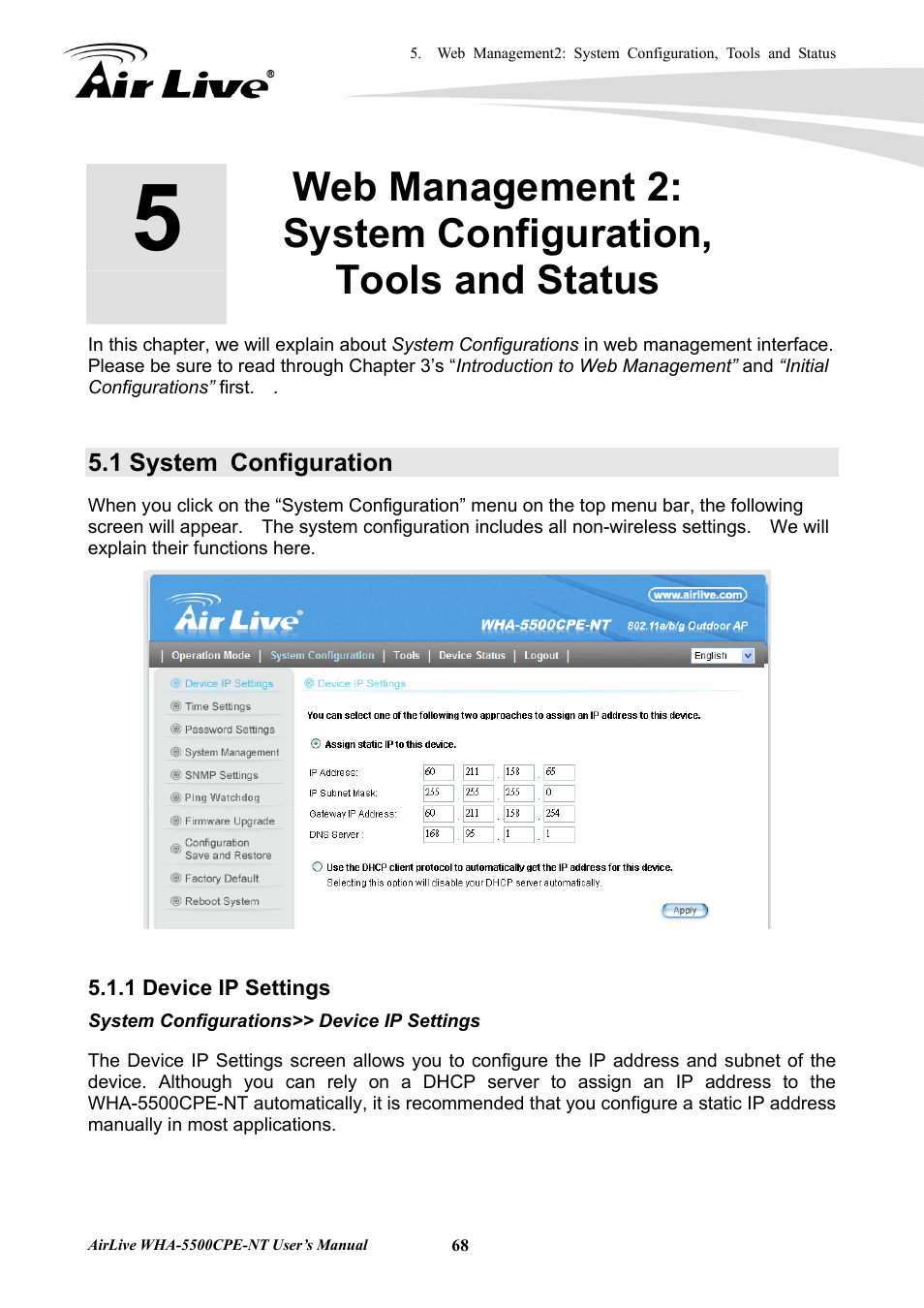 1 system configuration, 1 device ip settings | AirLive WHA-5500CPE-NT User Manual | Page 74 / 161