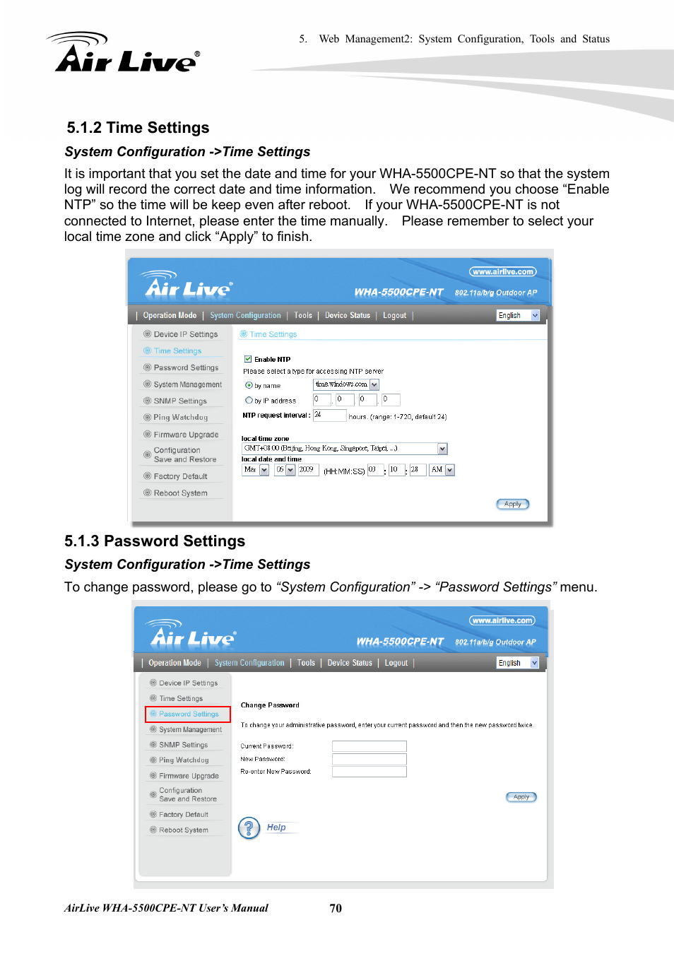 2 time settings 5.1.3 password settings, 2 time settings, 3 password settings | AirLive WHA-5500CPE-NT User Manual | Page 76 / 161