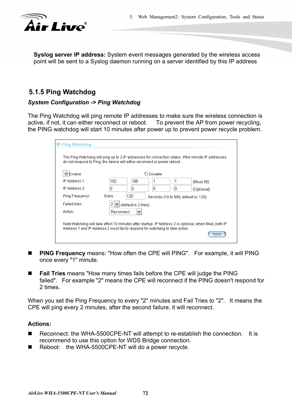 5 ping watchdog | AirLive WHA-5500CPE-NT User Manual | Page 78 / 161
