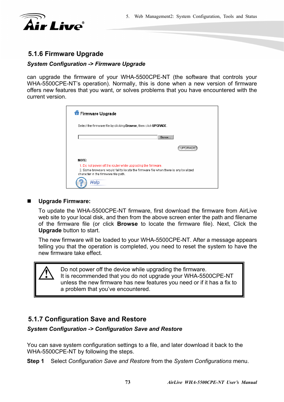 6 firmware upgrade, 7 configuration save and restore | AirLive WHA-5500CPE-NT User Manual | Page 79 / 161