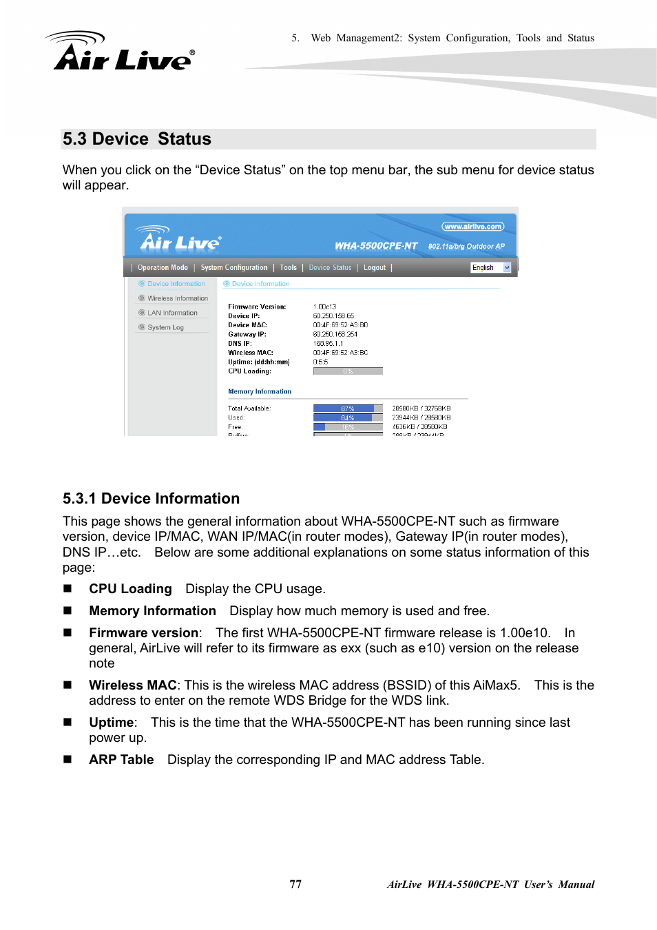 3 device status, 1 device information | AirLive WHA-5500CPE-NT User Manual | Page 83 / 161