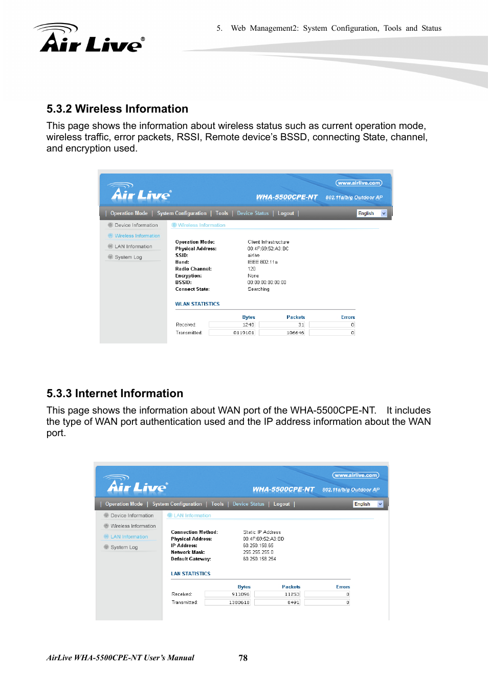 2 wireless information 5.3.3 internet information, 2 wireless information, 3 internet information | AirLive WHA-5500CPE-NT User Manual | Page 84 / 161