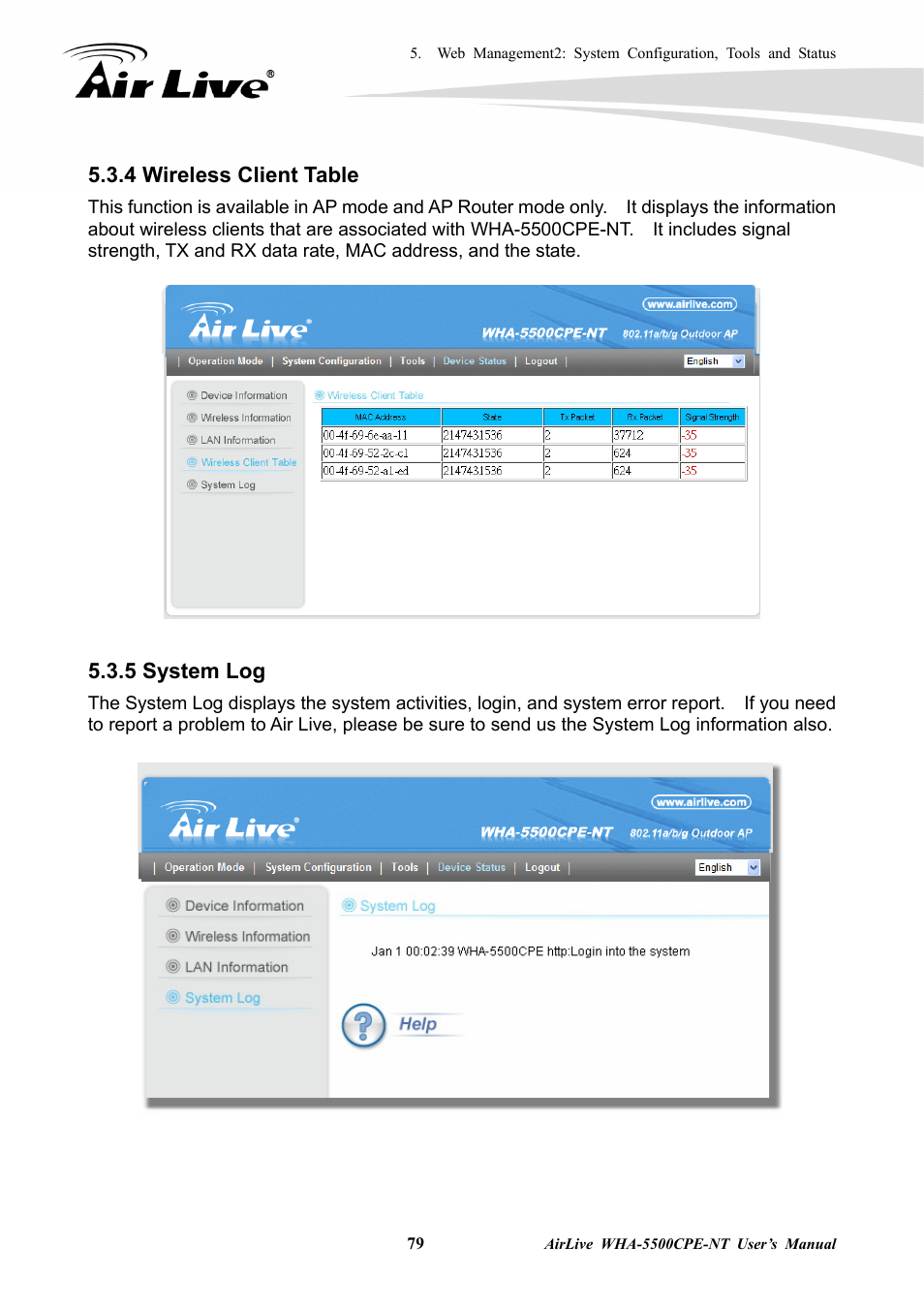 4 wireless client table 5.3.5 system log, 4 wireless client table, 5 system log | AirLive WHA-5500CPE-NT User Manual | Page 85 / 161