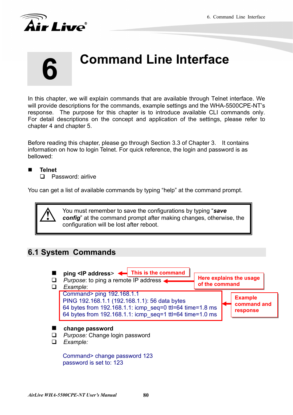 Command line interface, 1 system commands | AirLive WHA-5500CPE-NT User Manual | Page 86 / 161