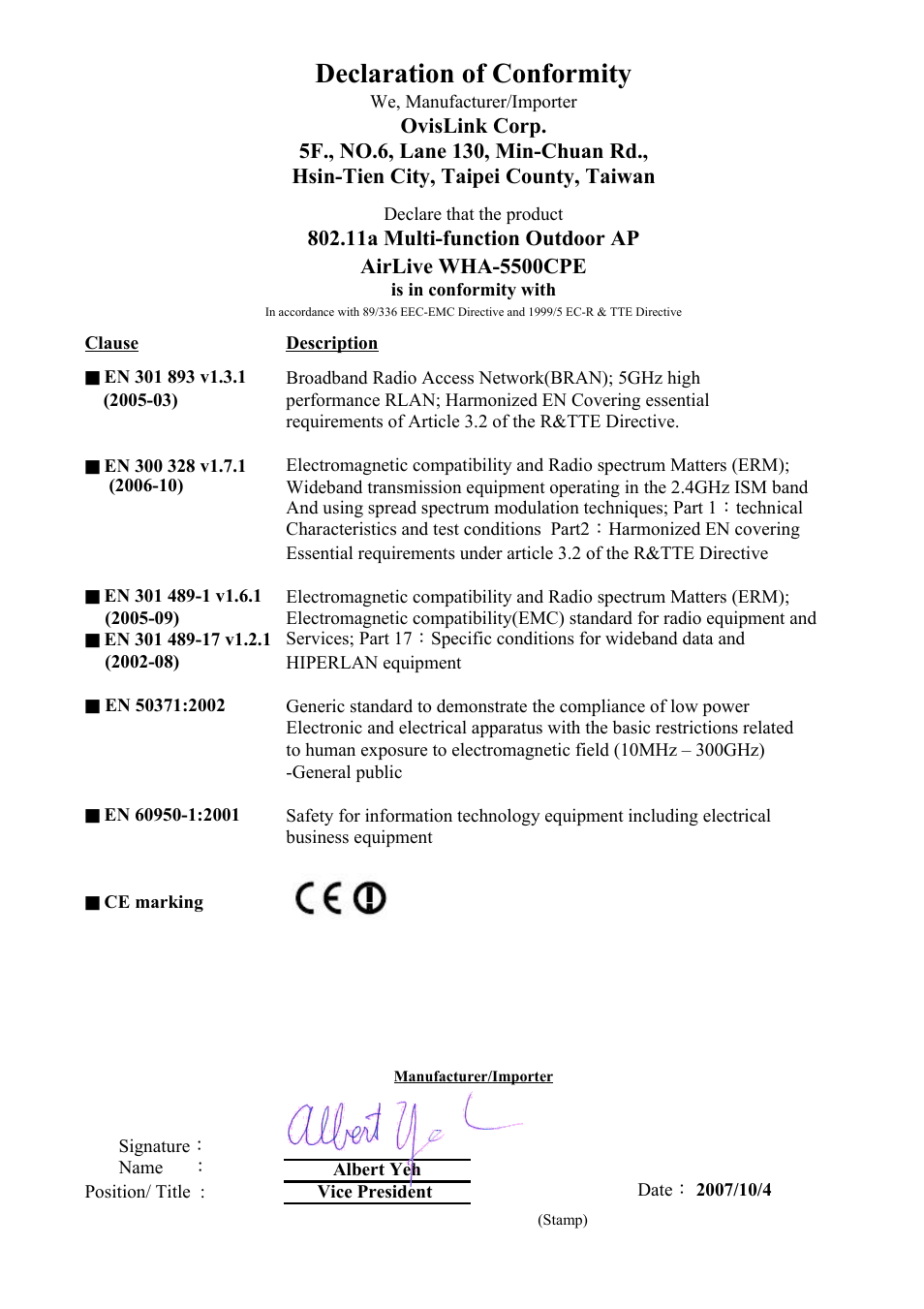 Ce declaration of conformity, Declaration of conformity | AirLive WHA-5500CPE-PCBA User Manual | Page 2 / 72