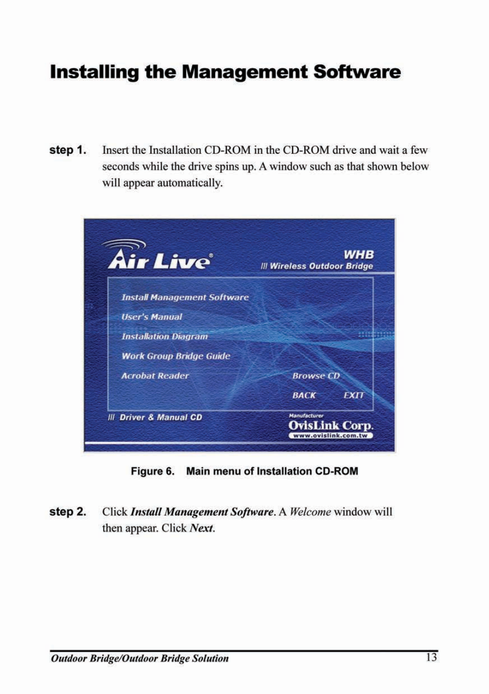 Installing the wlan management system, Igure, Ain menu of | Nstallation, Cd-rom, Gram is al, Installing the wlan management | AirLive WHP-1130 User Manual | Page 23 / 65