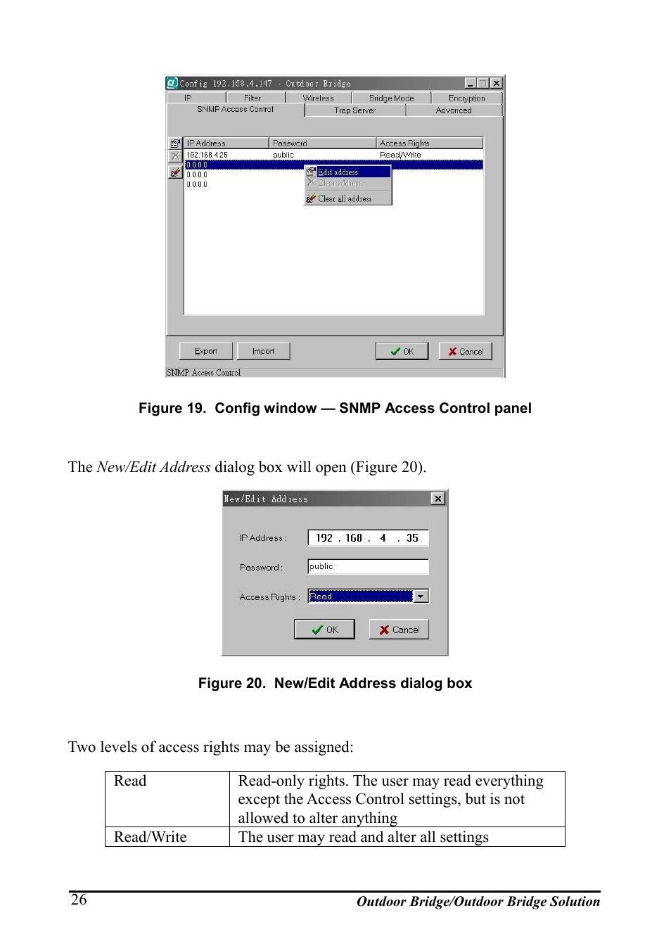 Igure, Onfig window, Snmp a | Ccess, Ontrol panel, Ddress dialog box | AirLive WHP-1130 User Manual | Page 36 / 65