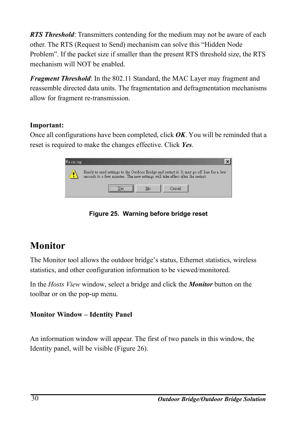 Monitor, Monitor window – identity panel, Onitor | Igure, Arning before bridge reset | AirLive WHP-1130 User Manual | Page 40 / 65