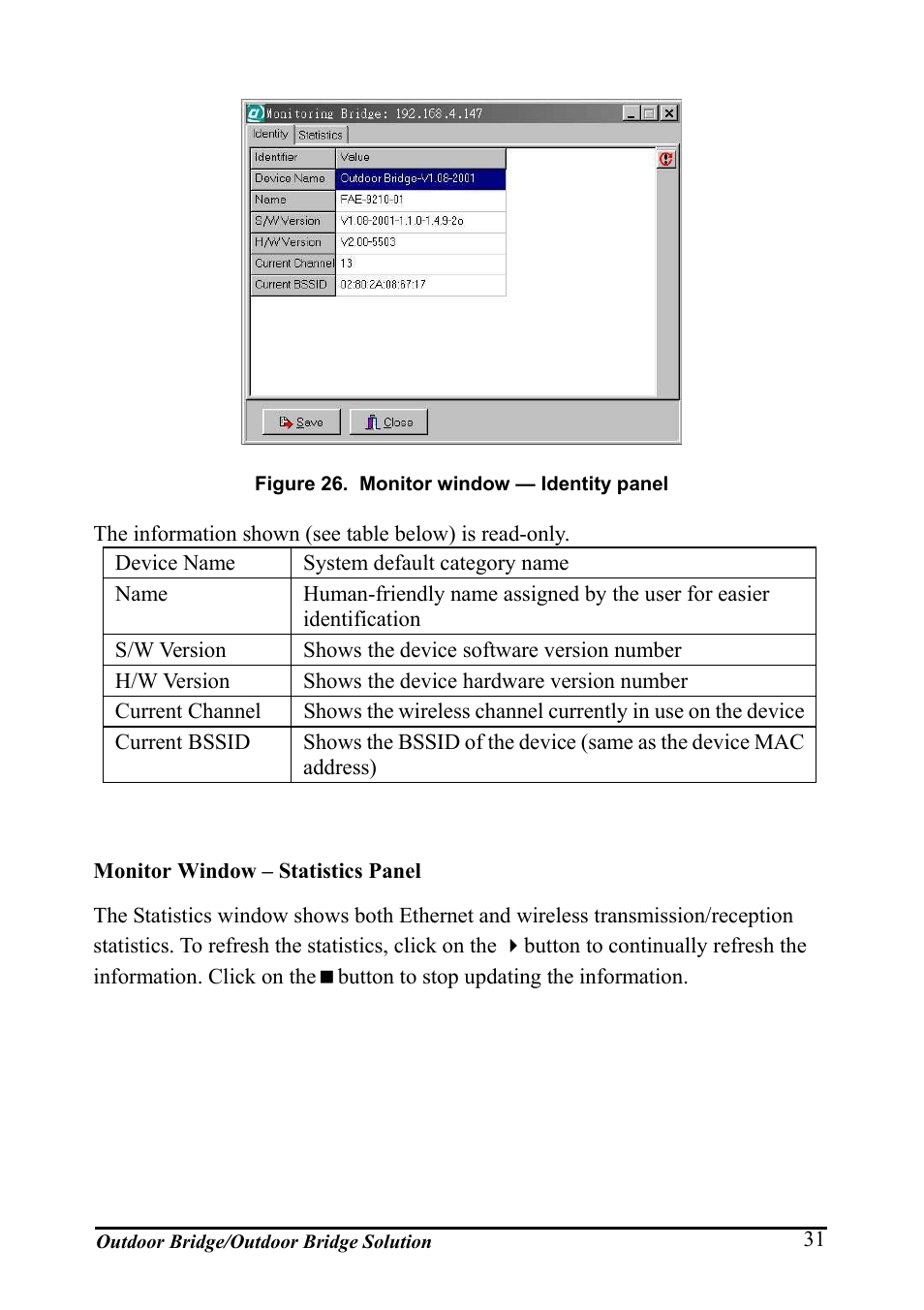 Monitor window – statistics panel, Igure, Onitor window | Dentity panel | AirLive WHP-1130 User Manual | Page 41 / 65