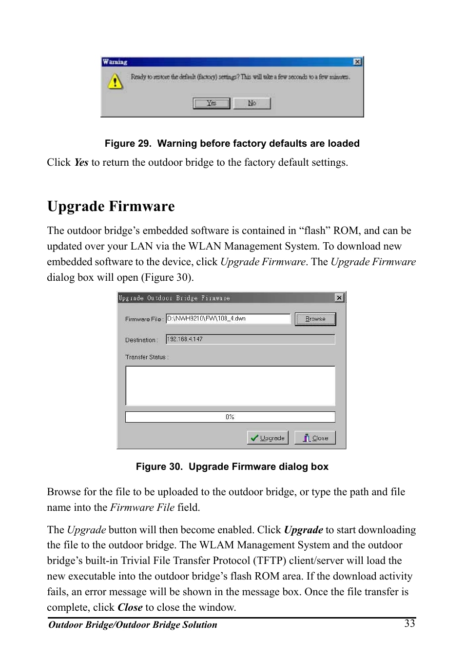 Upgrade firmware, Pgrade, Irmware | Igure, Arning before factory defaults are loaded, Irmware dialog box | AirLive WHP-1130 User Manual | Page 43 / 65