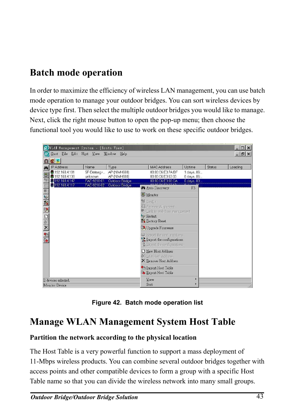 Advanced management, Batch mode operation, Manage wlan management system host table | Atch mode operation, Anage, Wlan m, Anagement, Ystem, Able, Igure | AirLive WHP-1130 User Manual | Page 53 / 65