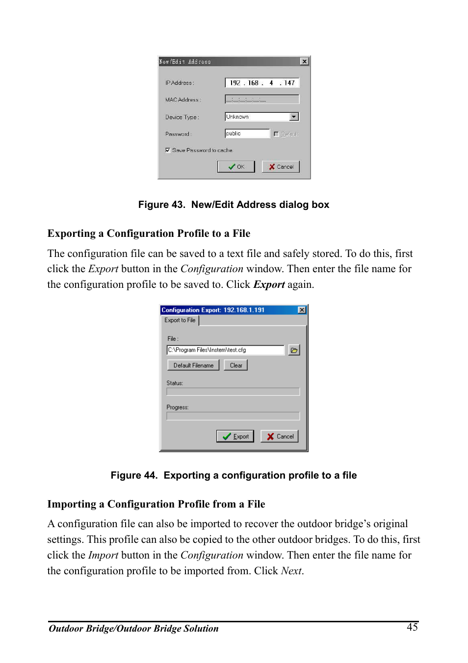 Exporting a configuration profile to a file, Importing a configuration profile from a file, Igure | Ddress dialog box, Xporting a configuration profile to a file | AirLive WHP-1130 User Manual | Page 55 / 65