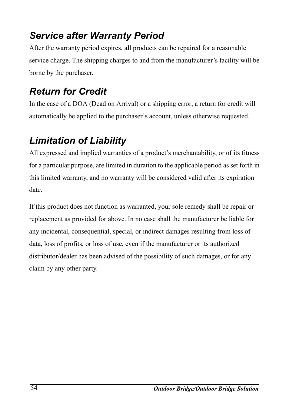 Service after warranty period, Return for credit, Limitation of liability | AirLive WHP-1130 User Manual | Page 64 / 65