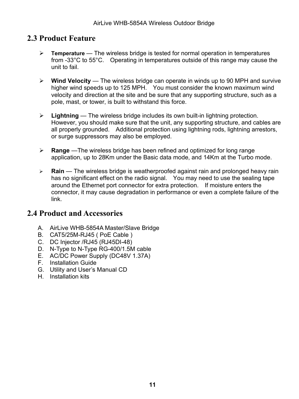 3 product feature, 4 product and accessories | AirLive WHB-5854A User Manual | Page 11 / 51