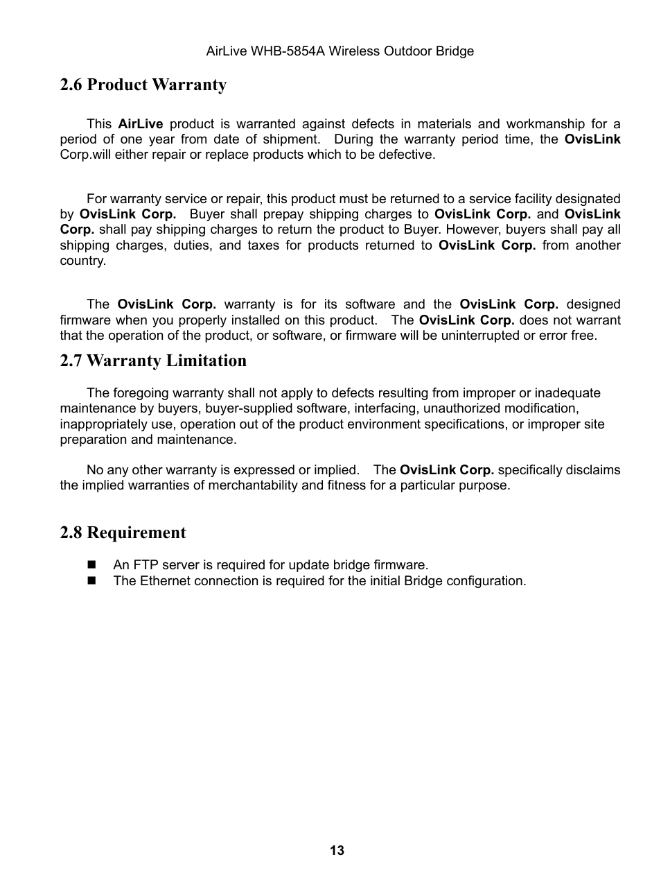 6 product warranty, 7 warranty limitation, 8 requirement | AirLive WHB-5854A User Manual | Page 13 / 51