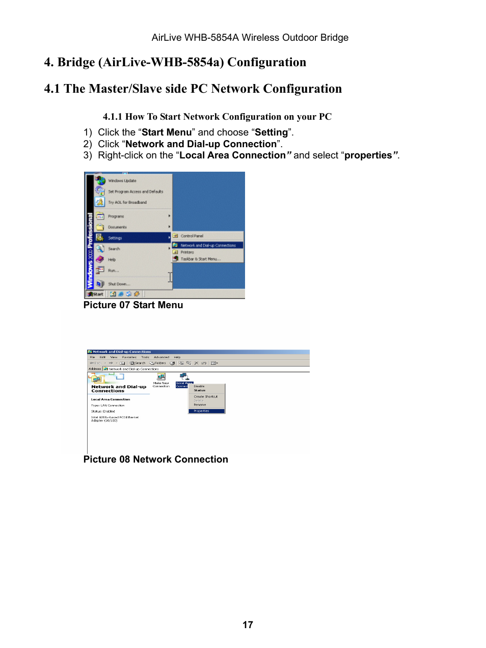 Bridge (airlive-whb-5854a) configuration, 1 the master/slave side pc network configuration | AirLive WHB-5854A User Manual | Page 17 / 51