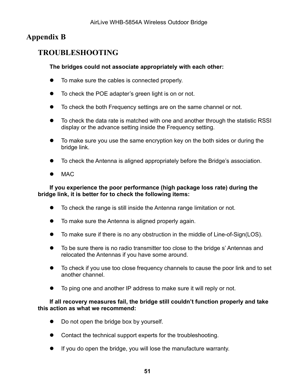 Appendix b, Troubleshooting | AirLive WHB-5854A User Manual | Page 51 / 51