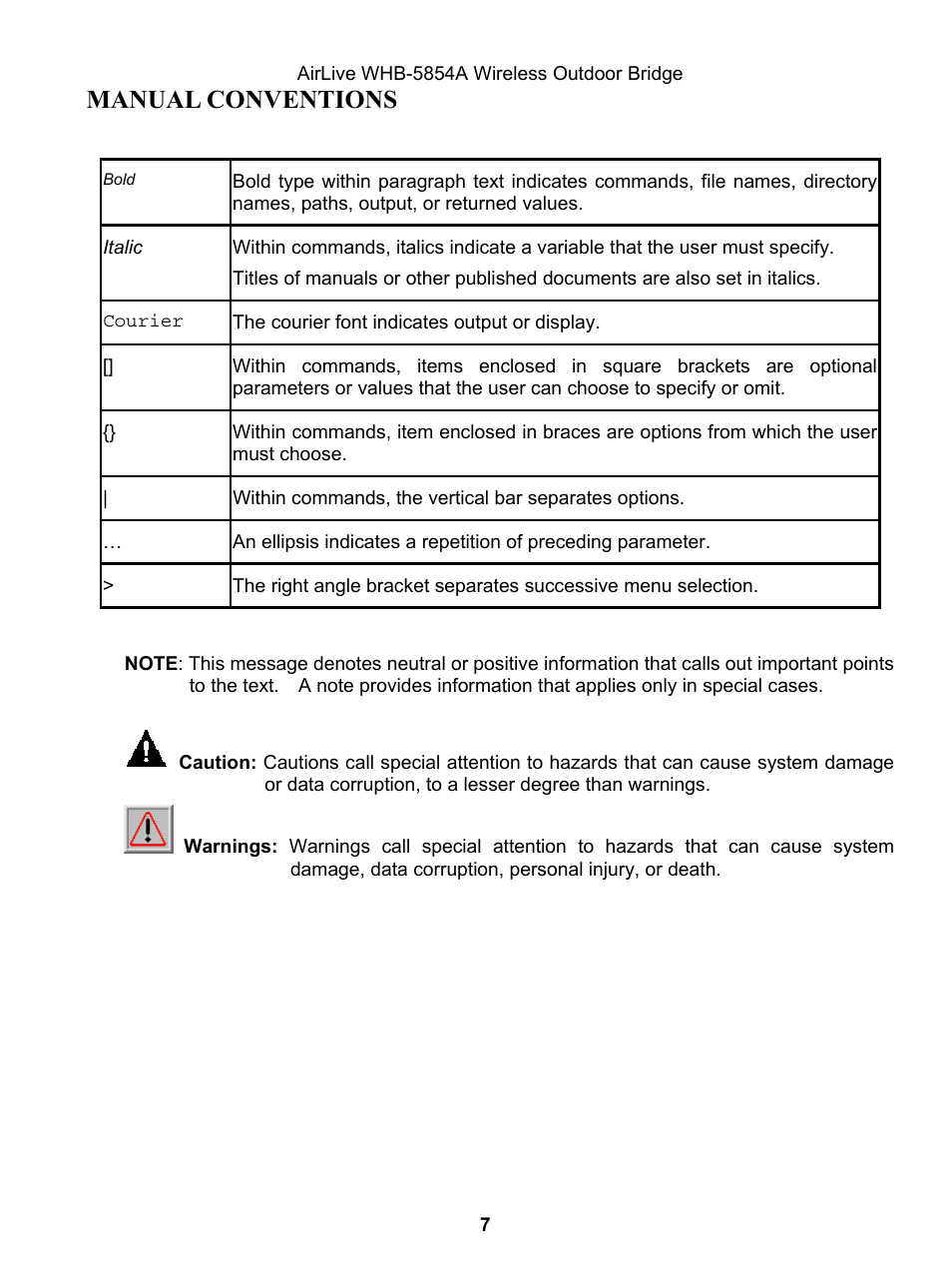 Manual conventions | AirLive WHB-5854A User Manual | Page 7 / 51