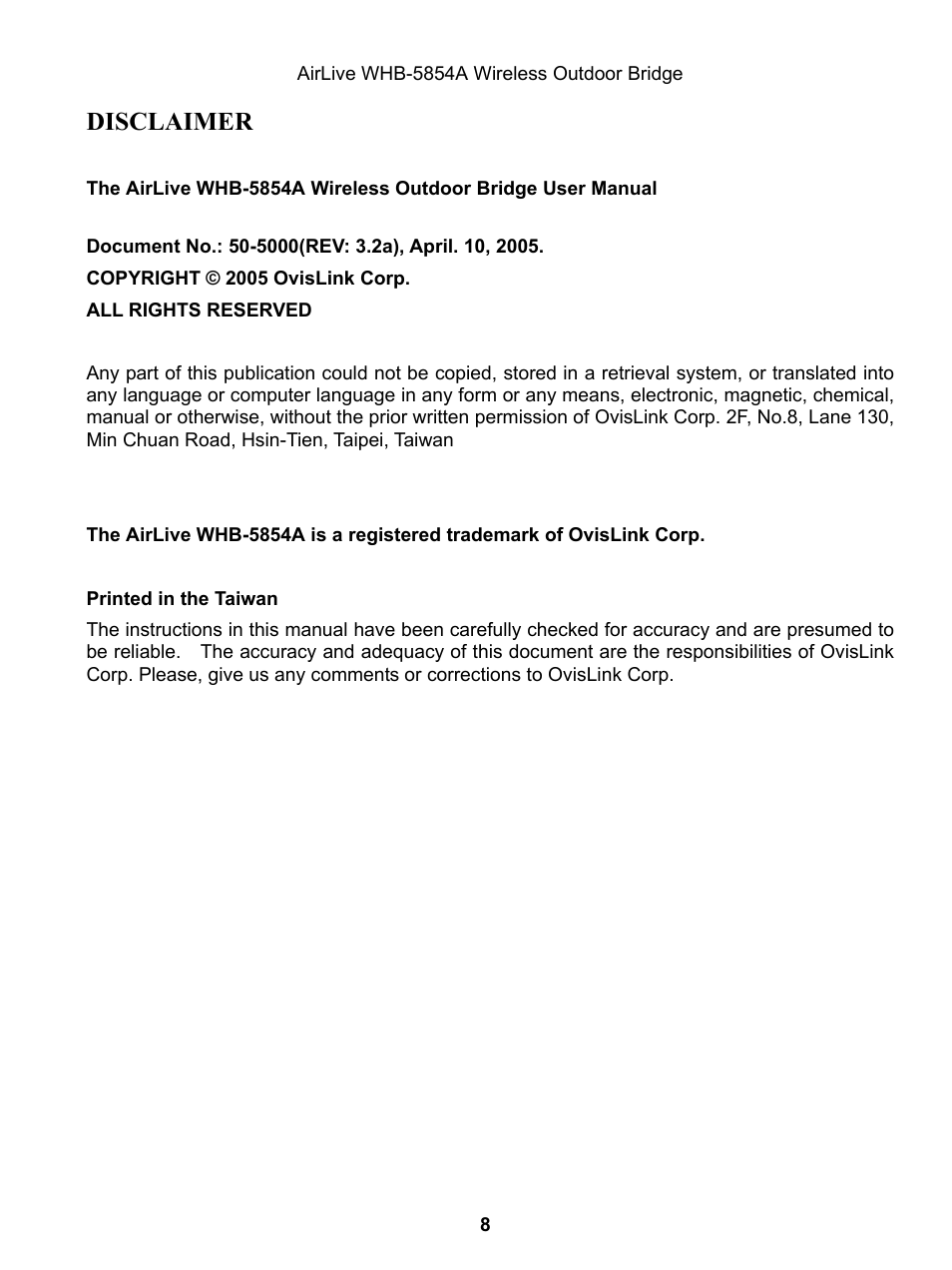 Disclaimer | AirLive WHB-5854A User Manual | Page 8 / 51