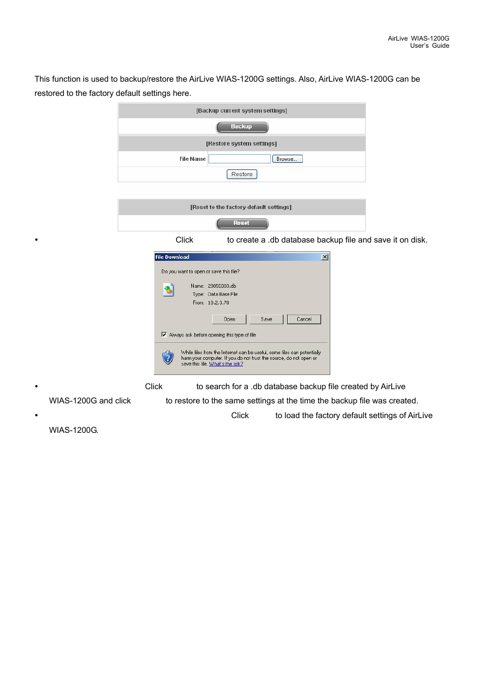 4 firmware upgrade, 5 restart, Firmware upgrade | Restart, 3 backup/restore setting | AirLive WIAS-1200G User Manual | Page 103 / 180