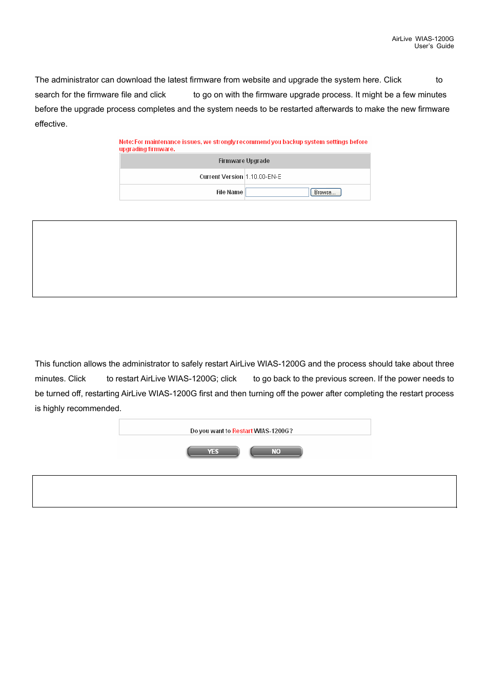 5 status, Status, 4 firmware upgrade | 5 restart | AirLive WIAS-1200G User Manual | Page 104 / 180