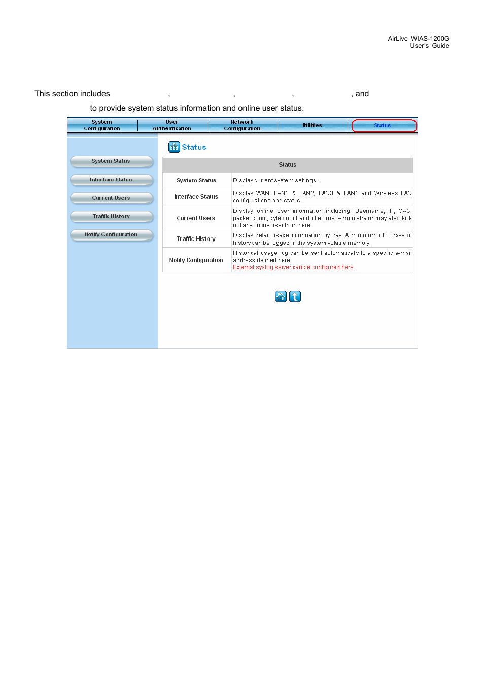 1 system status, System status, 5 status | AirLive WIAS-1200G User Manual | Page 105 / 180