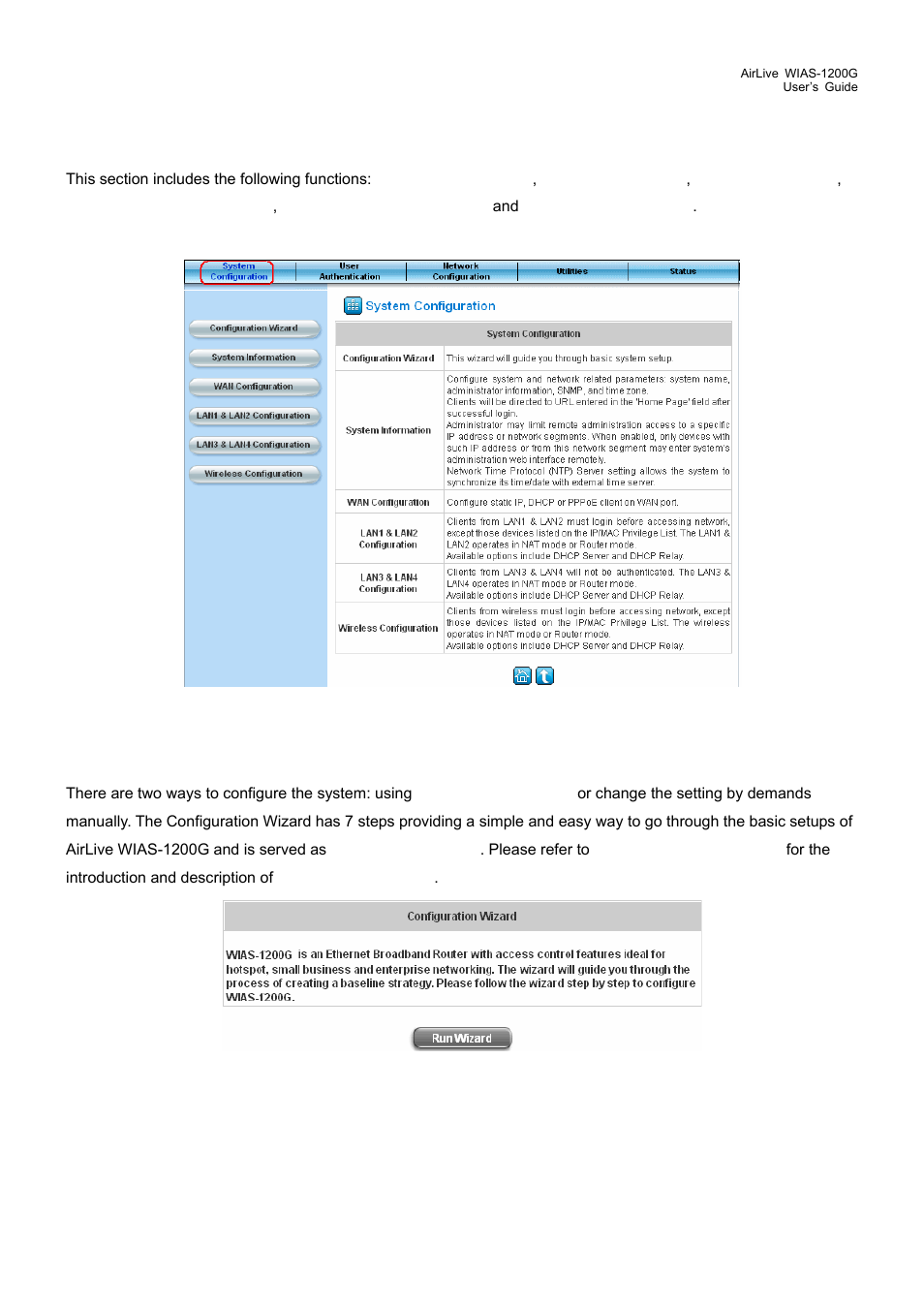 1 system configuration, 1 configuration wizard, System configuration | Configuration wizard | AirLive WIAS-1200G User Manual | Page 30 / 180