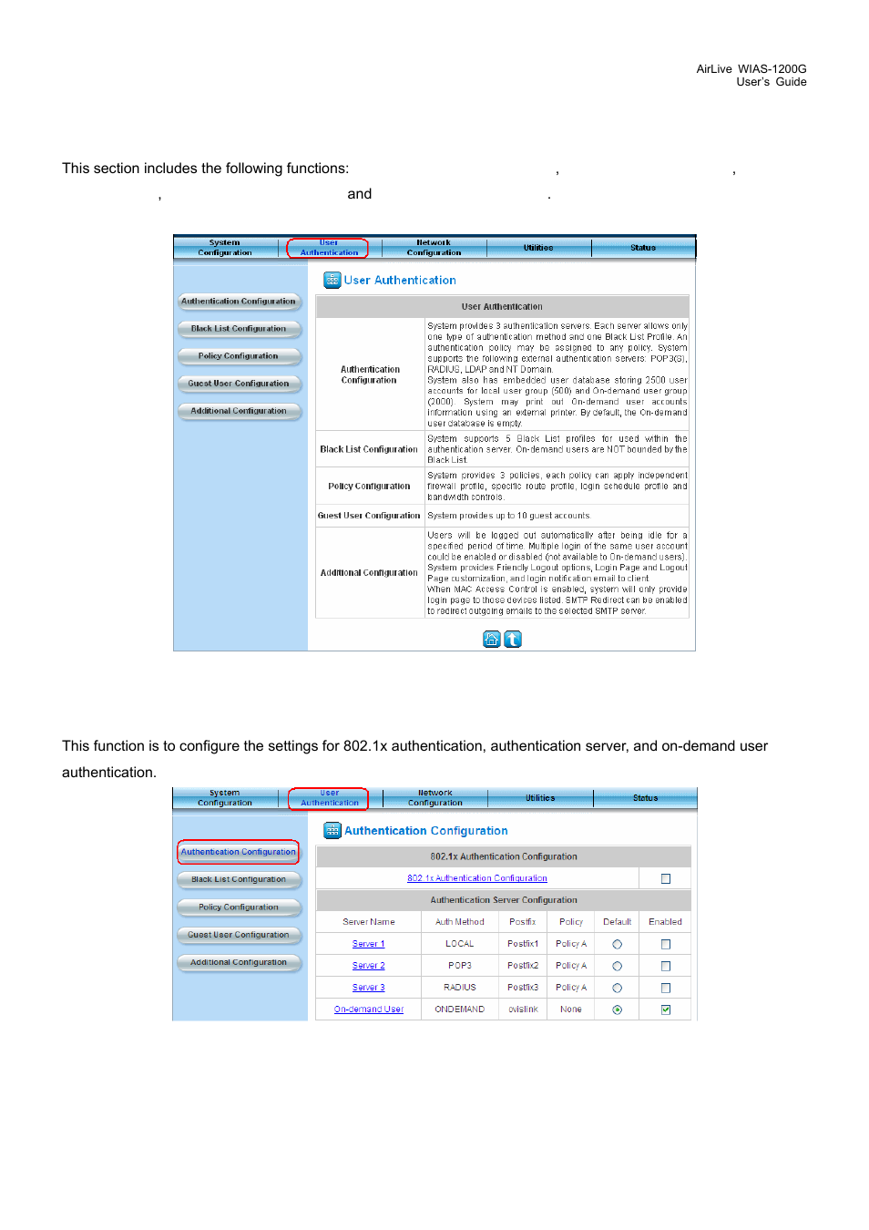 2 user authentication, 1 authentication configuration, User authentication | Authentication configuration | AirLive WIAS-1200G User Manual | Page 44 / 180