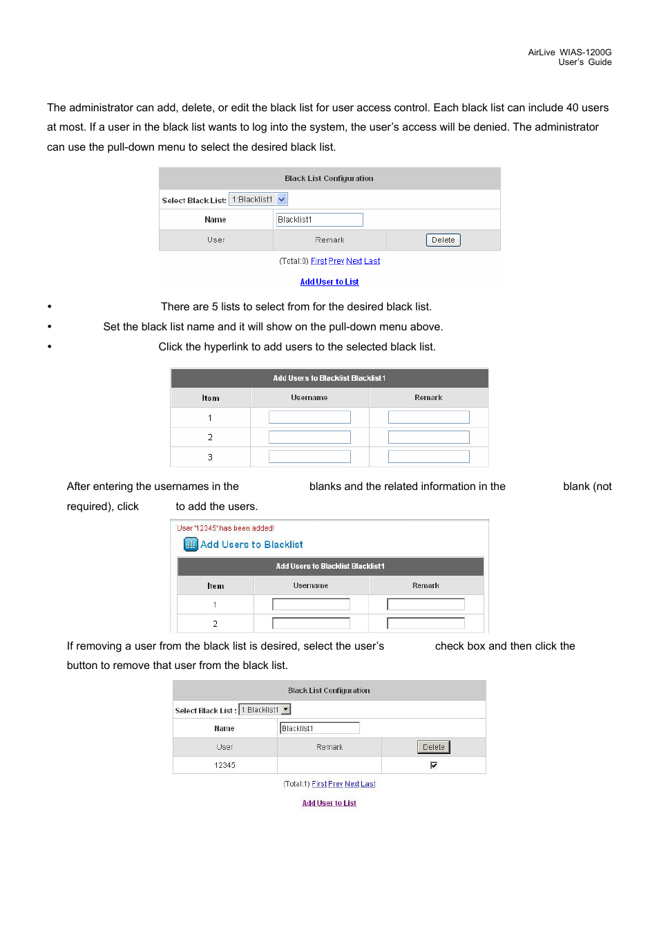 2 black list configuration, Black list configuration | AirLive WIAS-1200G User Manual | Page 69 / 180