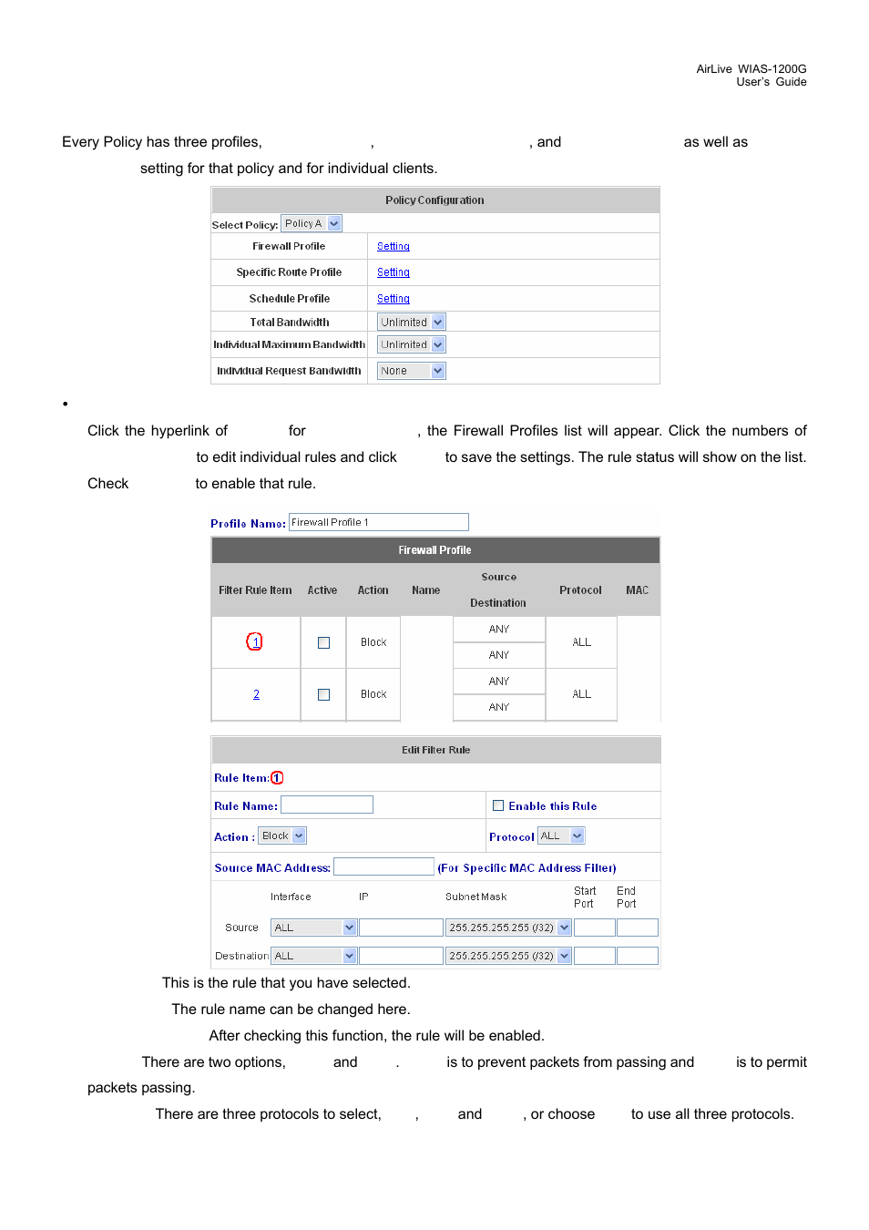 3 policy configuration, Policy configuration | AirLive WIAS-1200G User Manual | Page 70 / 180