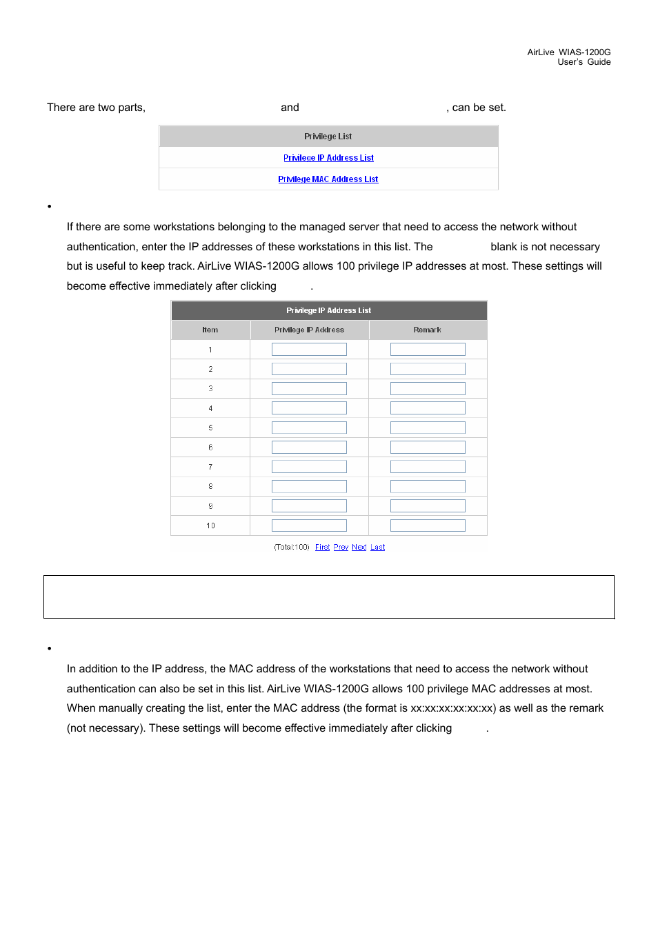 2 privilege list | AirLive WIAS-1200G User Manual | Page 92 / 180