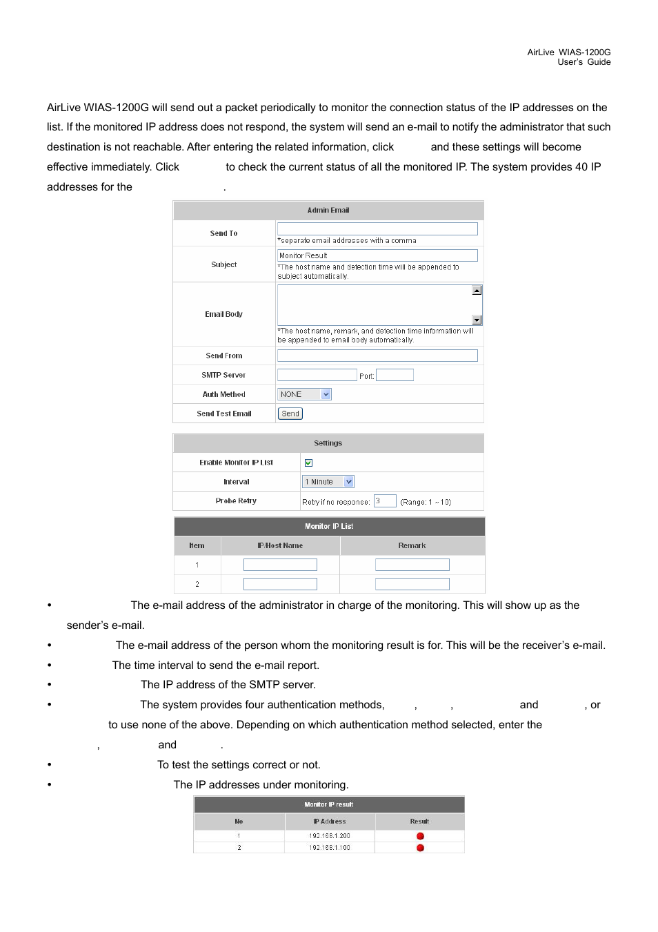 4 walled garden list, Walled garden list, 3 monitor ip list | AirLive WIAS-1200G User Manual | Page 94 / 180