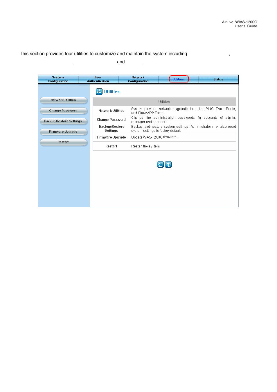 1 network utilities, Network utilities, 4 utilities | AirLive WIAS-1200G User Manual | Page 98 / 180