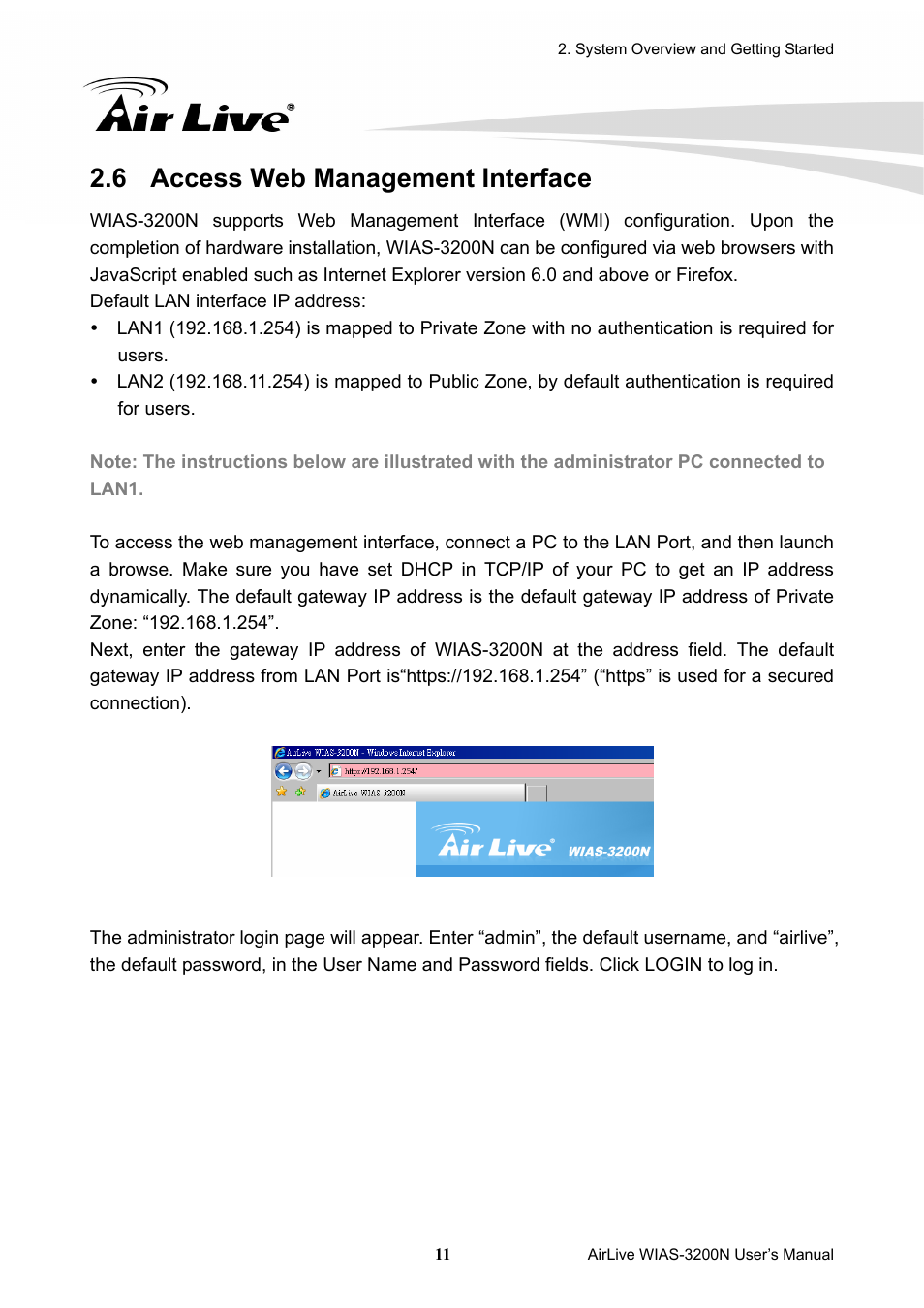 6 access web management interface, Access web management interface | AirLive WIAS-3200N User Manual | Page 14 / 137
