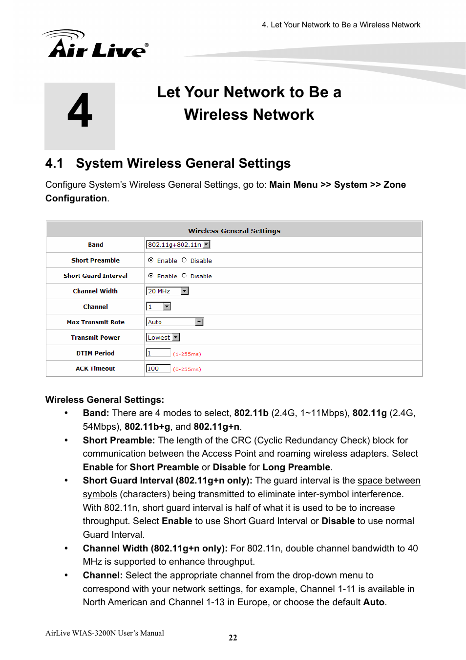 4 let your network to be a wireless network, System wireless general settings, Let your network to be a wireless network | 4let your network to be a wireless network, 1 system wireless general settings | AirLive WIAS-3200N User Manual | Page 25 / 137