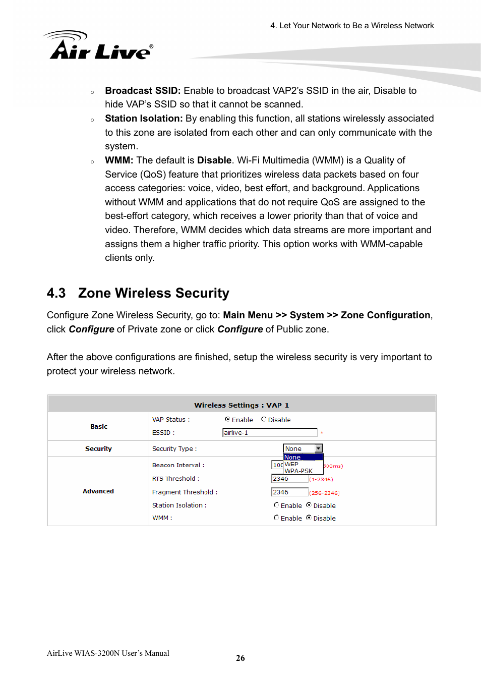 3 zone wireless security, Zone wireless security | AirLive WIAS-3200N User Manual | Page 29 / 137