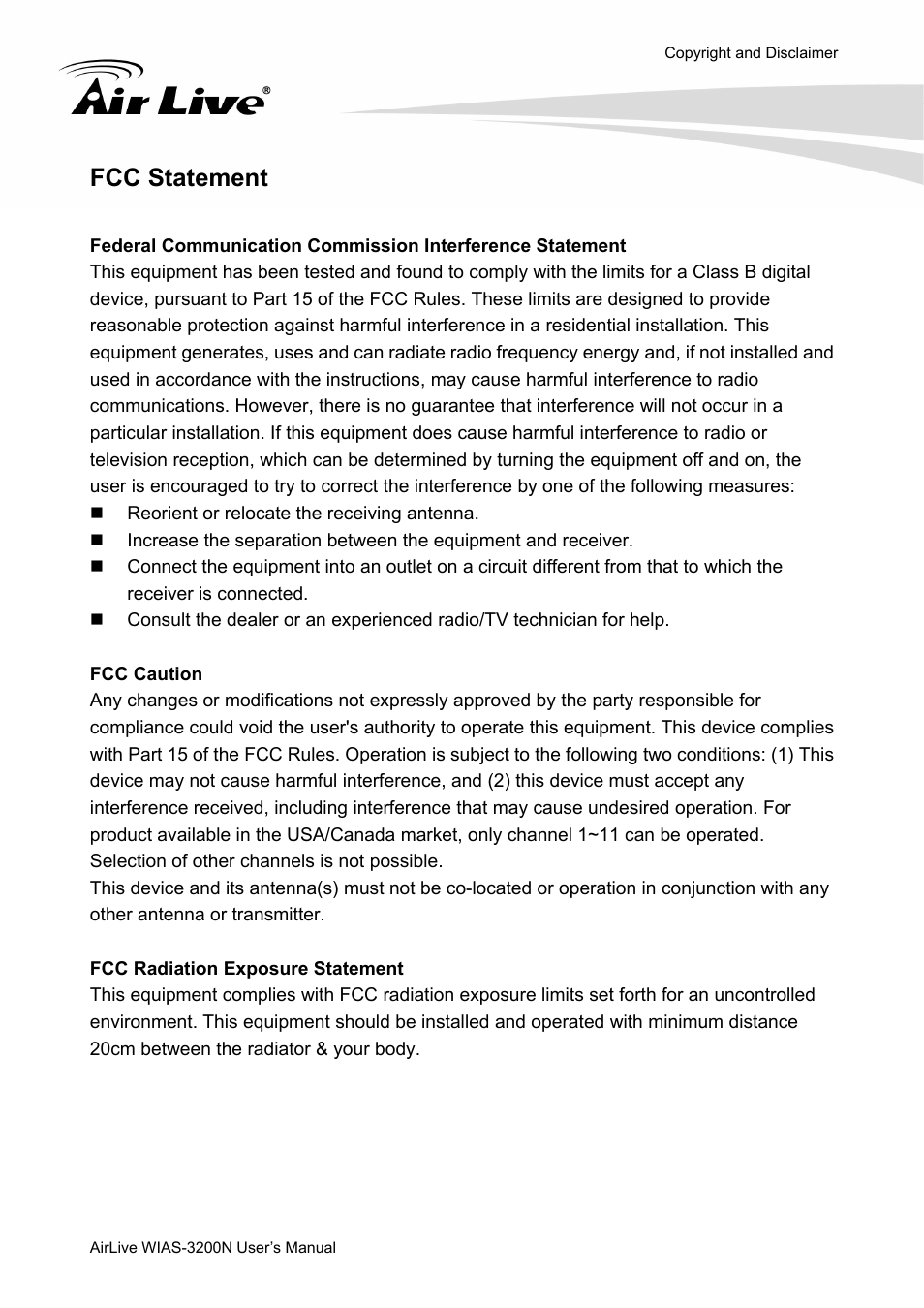 Fcc statement | AirLive WIAS-3200N User Manual | Page 3 / 137