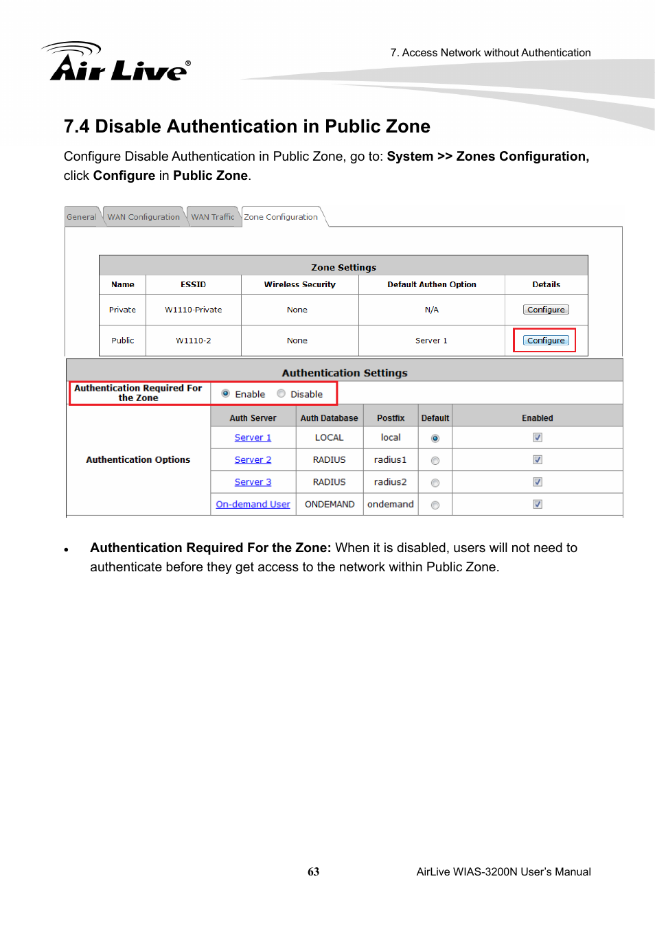 4 disable authentication in public zone, Disable authentication in public zone | AirLive WIAS-3200N User Manual | Page 66 / 137