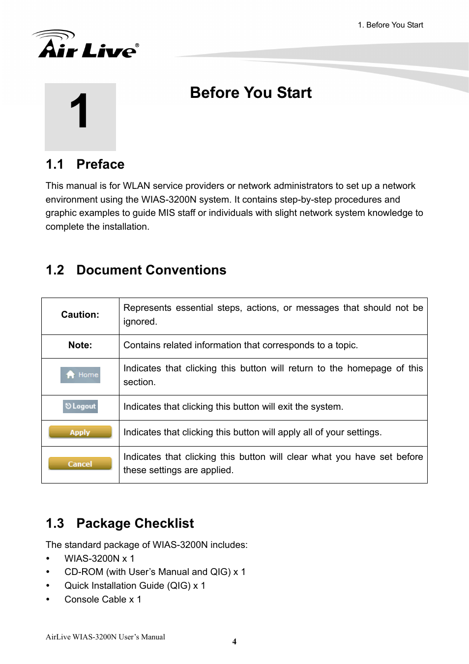 1 before you start, 1 preface, 2 document conventions | 3 package checklist, Before you start, Preface, Document conventions, Package checklist, 1before you start | AirLive WIAS-3200N User Manual | Page 7 / 137