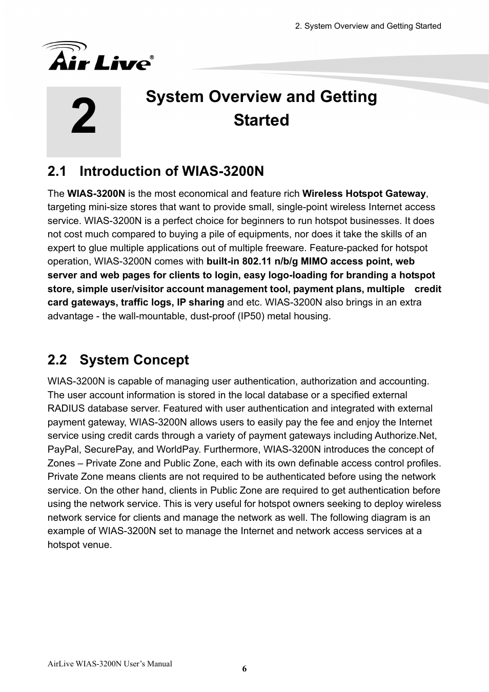2 system overview and getting started, Introduction of wias-3200n, 2 system concept | System overview and getting started, System concept, 2system overview and getting started | AirLive WIAS-3200N User Manual | Page 9 / 137